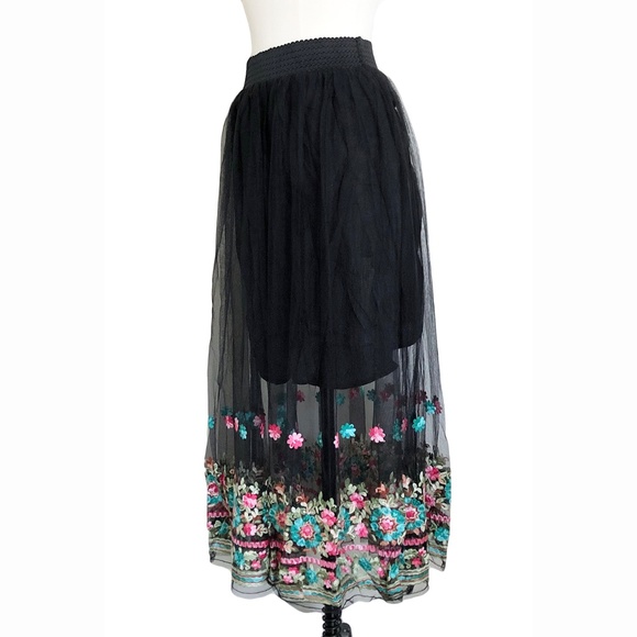 ARATTA Black Mesh Embroidered Midi Skirt - Picture 6 of 7